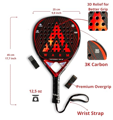 Warm Inferno Spin Teardrop Padel Racket – 3K Carbon Fiber Face, EVA Core for Balanced Control & Power, 3D Spin Texture | Includes 2 Premium Overgrips